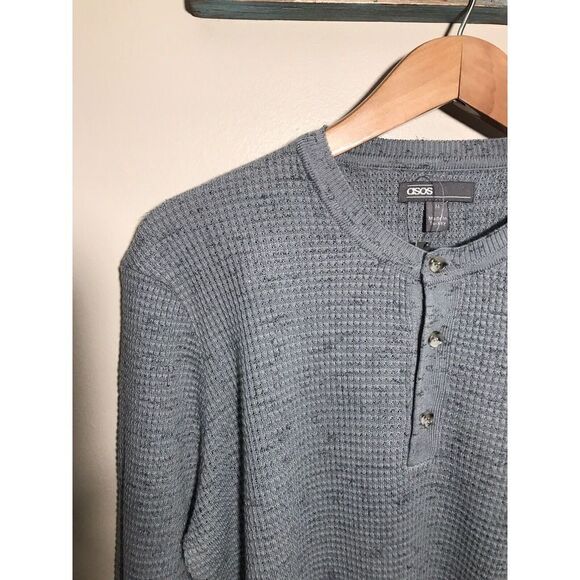 Asos Mens Waffle Knit Sweater Shirt Size Medium Long Sleeve Buttons Gray NWT - Picture 4 of 6